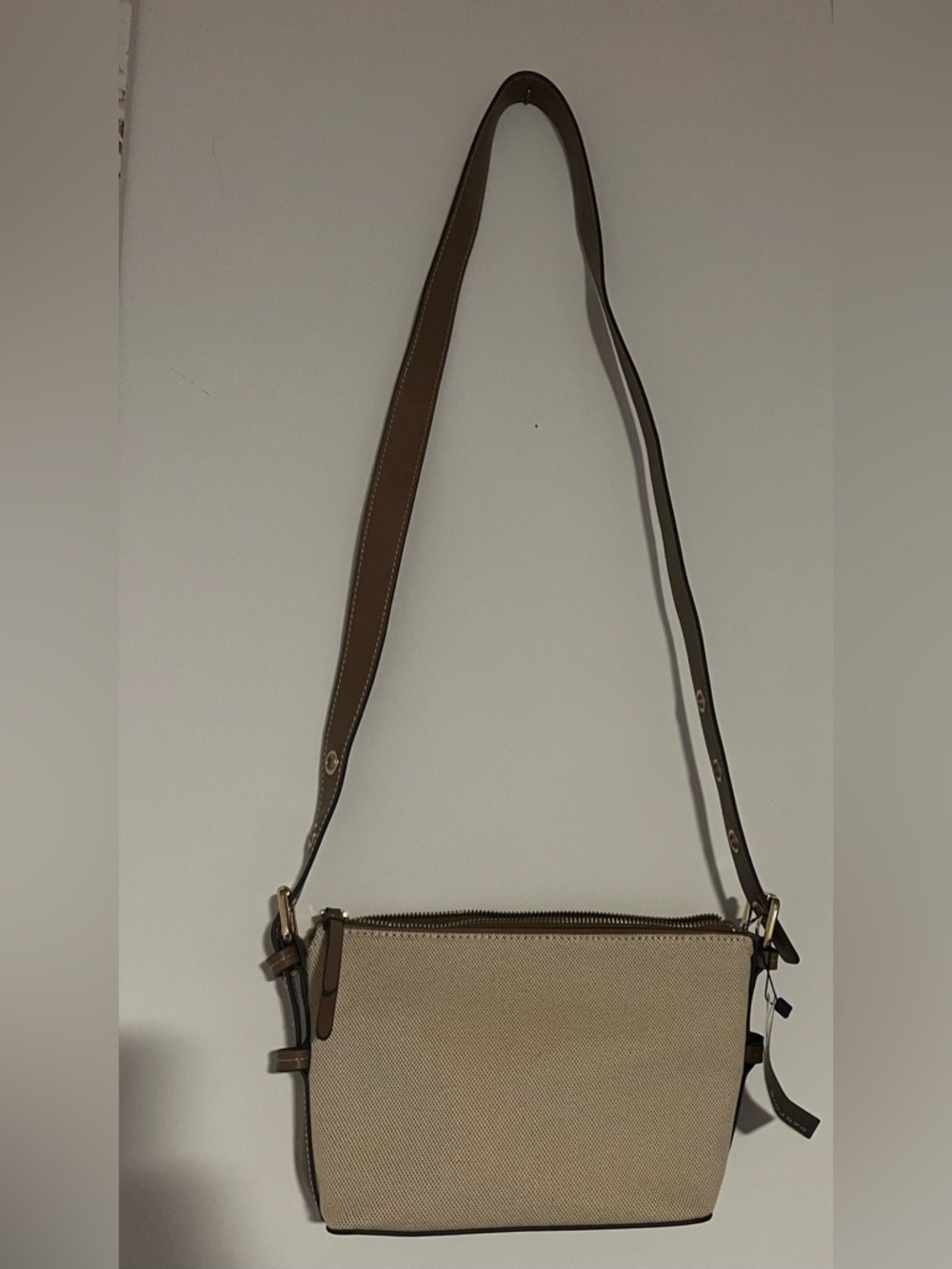 Neutral Canvas Crossbody Bag with Adjustable Brown Strap